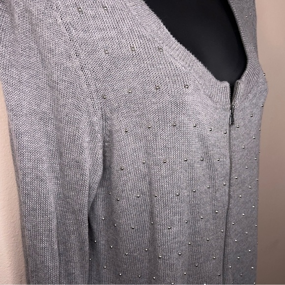 Petite Large Talbots Grey Silver Studded Cardigan Sweater Knit Zip Front Closure - Picture 4 of 13